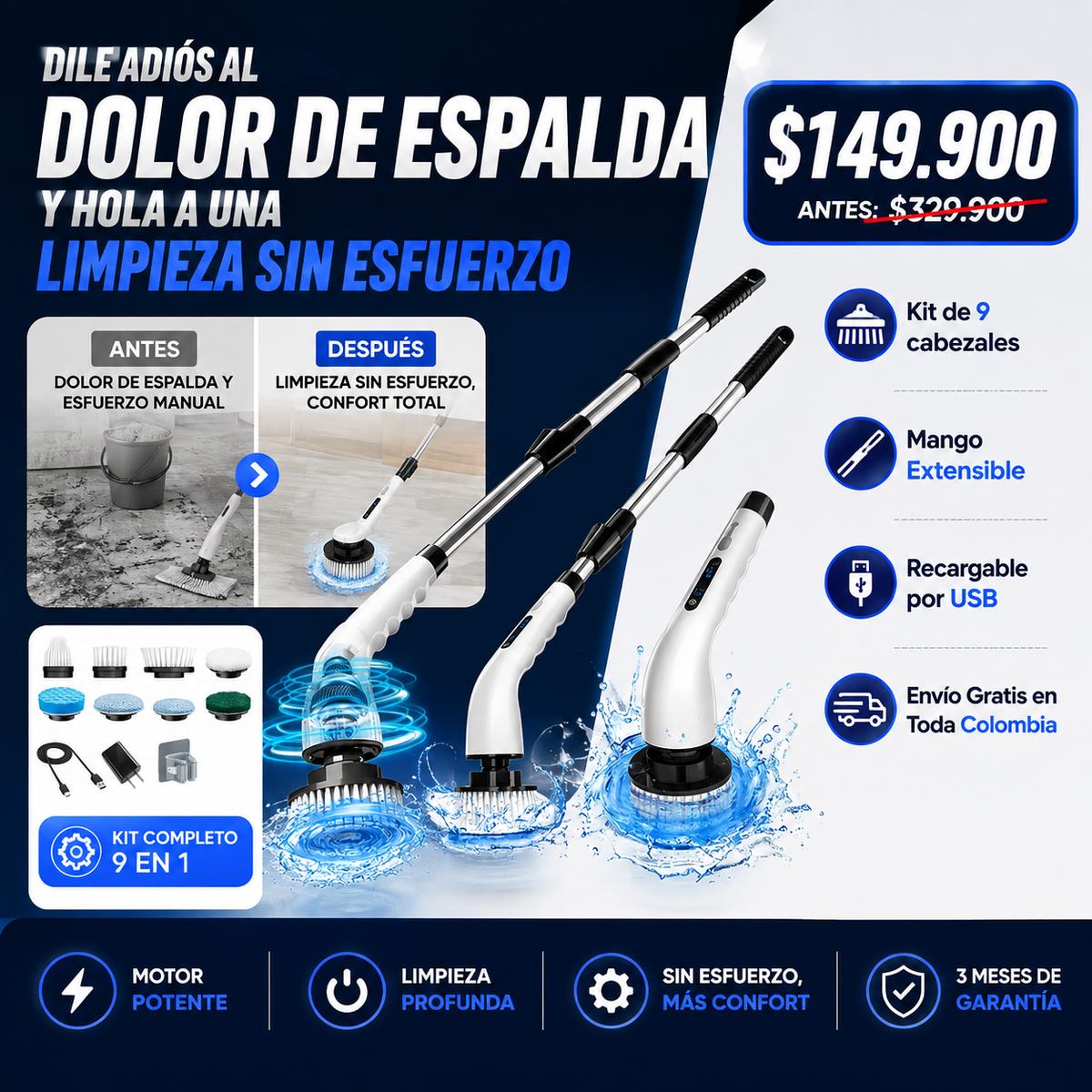 CEPILLO ELECTRICO 9 EN 1 - LIMPIA FÁCIL Y SIN ESFUERZO
